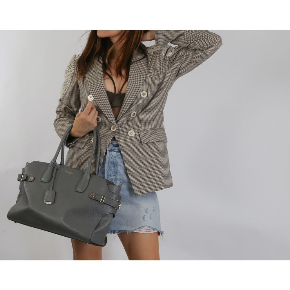 Henri Bendel Caryle Satchel Tote Bag Large Gray Pebbled Leather Double Handle